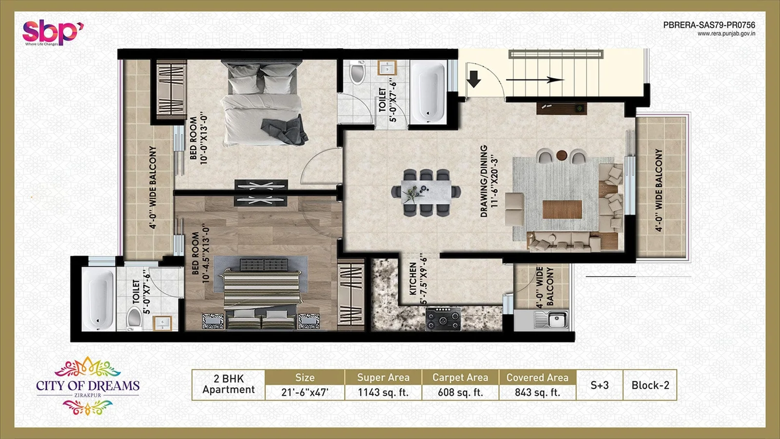 2 BHK Floor Plan in Zirakpur